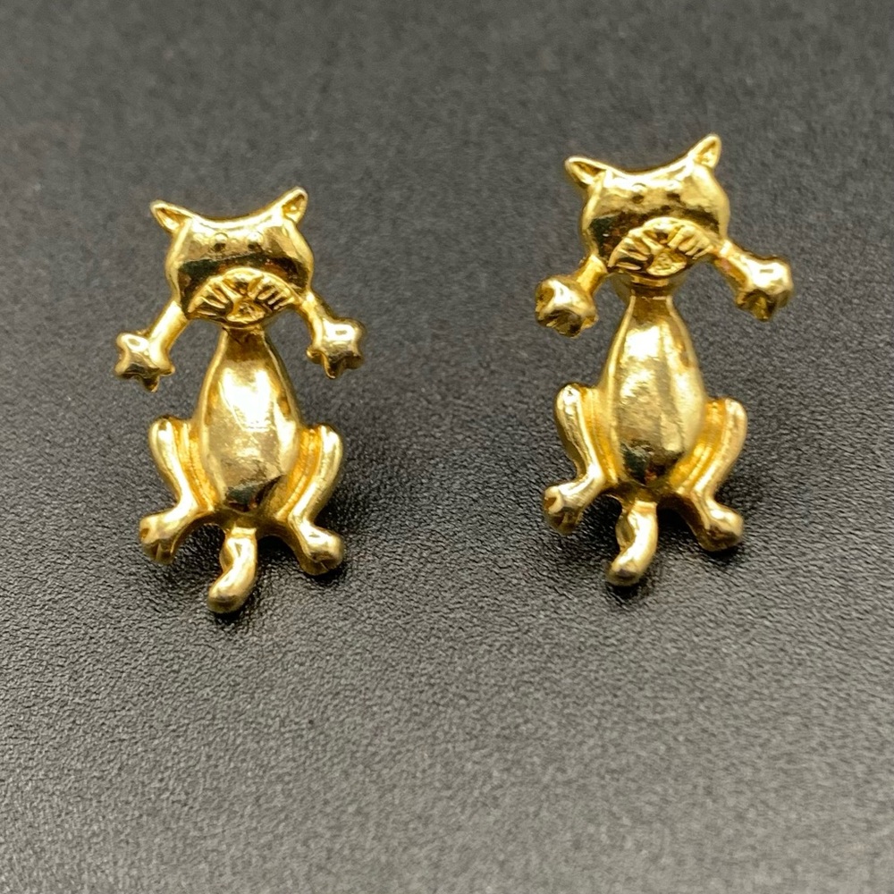 Vintage Cat Earrings Rotating Head Post Dangle Signed Korea Gold Tone